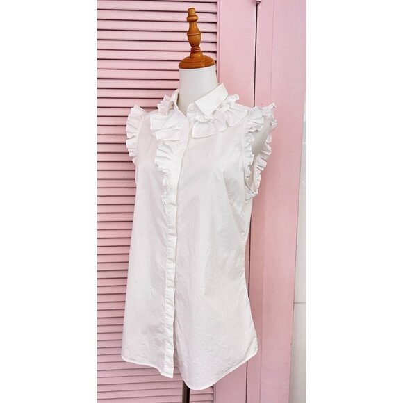 Banana Republic Size 10 Top White Sleeveless Riley Ruffle Stretch Cotton Buttons - Picture 1 of 15